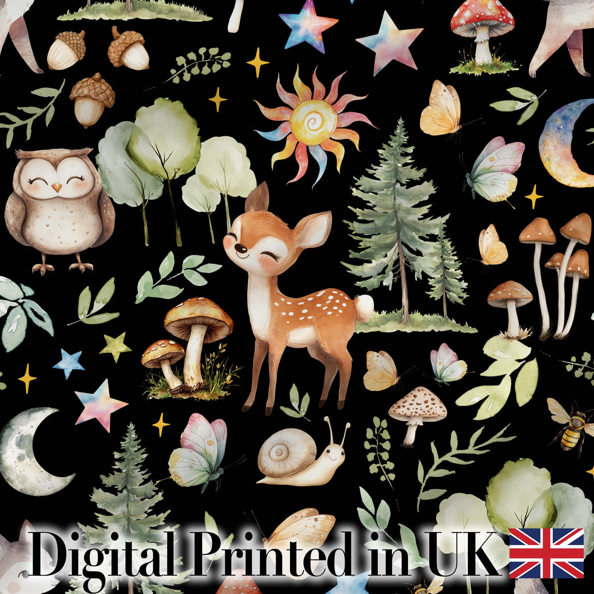 Cute Woodland Deer Owl Mushrooms and Stars on Black Background Seamless Pattern Digital Print Fabric by the Metre UK Sewing Quilting Textile