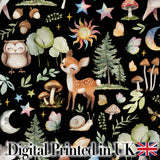 Cute Woodland Deer Owl Mushrooms and Stars on Black Background Seamless Pattern Digital Print Fabric by the Metre UK Sewing Quilting Textile