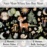 Cute Woodland Deer Owl Mushrooms and Stars on Black Background Seamless Pattern Digital Print Fabric by the Metre UK Sewing Quilting Textile