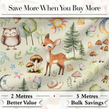 Cute Woodland Deer Owl Mushrooms and Stars on Cream Background Seamless Pattern Digital Print Fabric by the Metre UK Sewing Quilting Textile