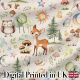 Woodland Deer Owl Mushrooms and Stars on Warm Neutral  Seamless Pattern Digital Print Fabric by the Metre UK Sewing Quilting Textile