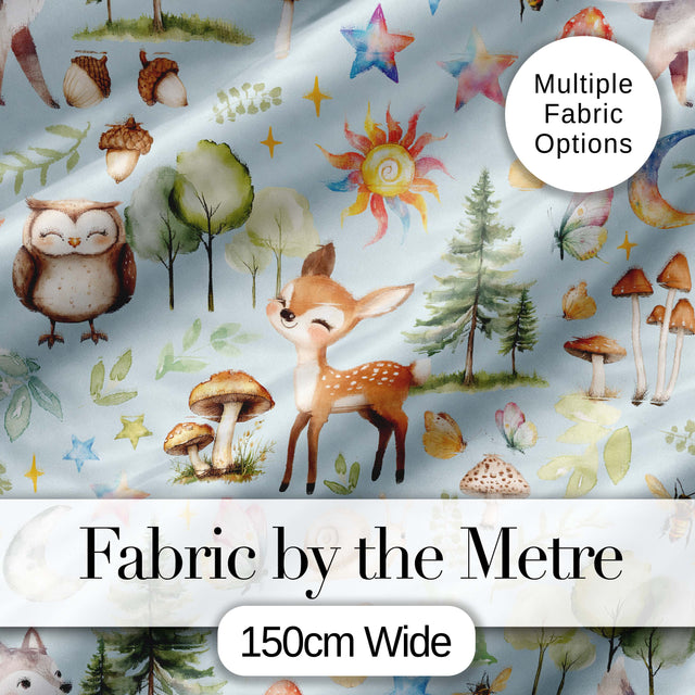 Woodland Deer Owl Mushrooms and Stars on Light Blue  Seamless Pattern Digital Print Fabric by the Metre UK Sewing Quilting Textile