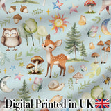 Woodland Deer Owl Mushrooms and Stars on Light Blue  Seamless Pattern Digital Print Fabric by the Metre UK Sewing Quilting Textile
