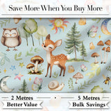 Woodland Deer Owl Mushrooms and Stars on Light Blue  Seamless Pattern Digital Print Fabric by the Metre UK Sewing Quilting Textile