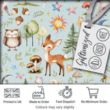 Woodland Deer Owl Mushrooms and Stars on Light Blue  Seamless Pattern Digital Print Fabric by the Metre UK Sewing Quilting Textile