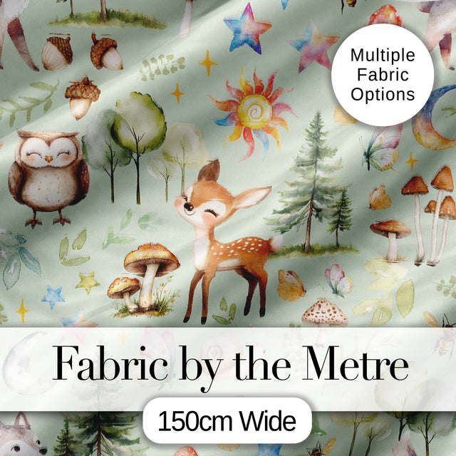 Woodland Deer Owl Mushrooms Stars on Sage Green  Seamless Pattern Digital Print Fabric by the Metre UK Sewing Quilting Textile
