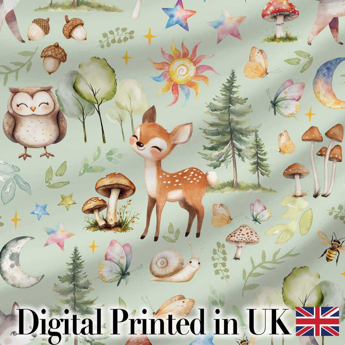 Woodland Deer Owl Mushrooms Stars on Sage Green  Seamless Pattern Digital Print Fabric by the Metre UK Sewing Quilting Textile