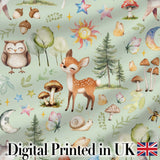 Woodland Deer Owl Mushrooms Stars on Sage Green  Seamless Pattern Digital Print Fabric by the Metre UK Sewing Quilting Textile