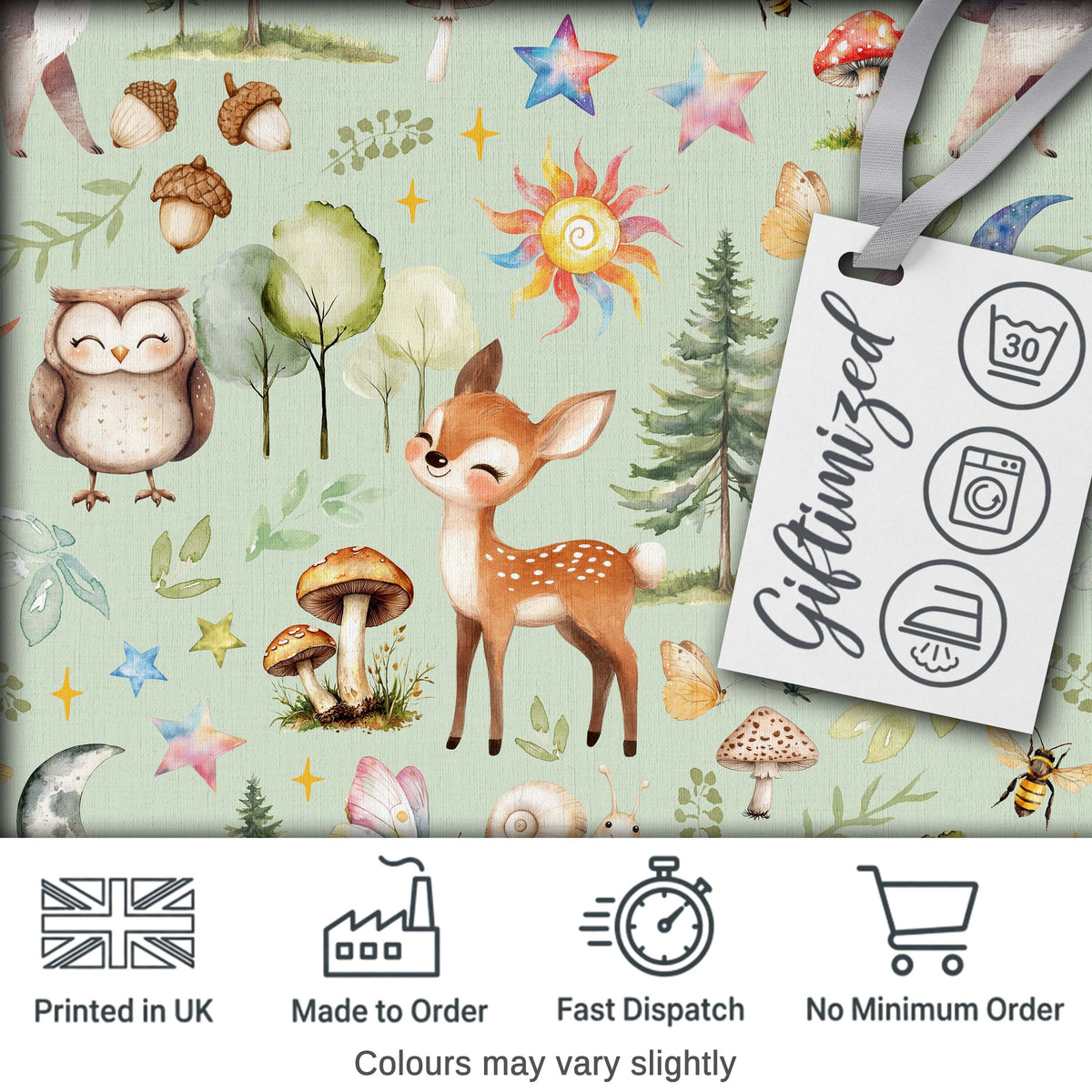 Woodland Deer Owl Mushrooms Stars on Sage Green  Seamless Pattern Digital Print Fabric by the Metre UK Sewing Quilting Textile