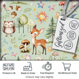 Woodland Deer Owl Mushrooms Stars on Sage Green  Seamless Pattern Digital Print Fabric by the Metre UK Sewing Quilting Textile