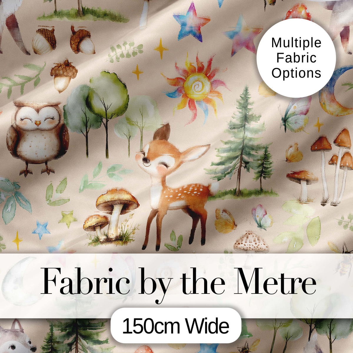 Woodland Deer Owl Mushrooms Stars on Soft Beige  Seamless Pattern Digital Print Fabric by the Metre UK Sewing Quilting Textile
