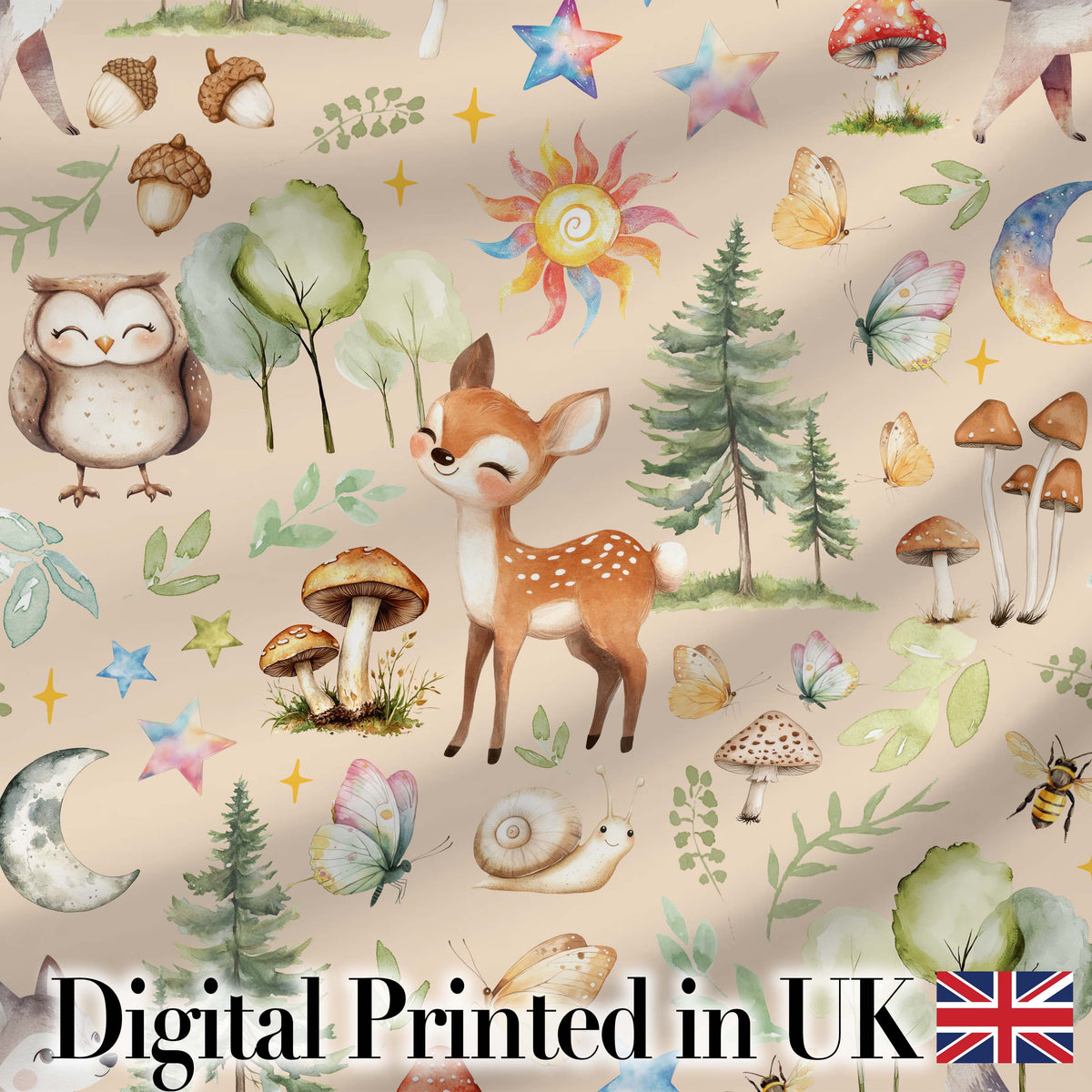 Woodland Deer Owl Mushrooms Stars on Soft Beige  Seamless Pattern Digital Print Fabric by the Metre UK Sewing Quilting Textile