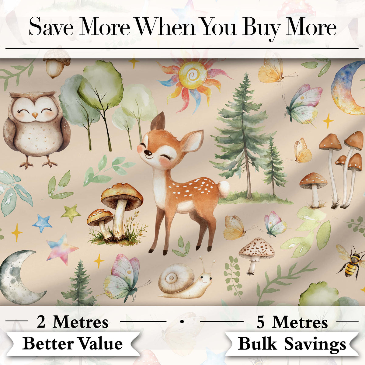 Woodland Deer Owl Mushrooms Stars on Soft Beige  Seamless Pattern Digital Print Fabric by the Metre UK Sewing Quilting Textile