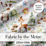 Woodland Deer Owl Mushrooms Stars on Light Grey  Seamless Pattern Digital Print Fabric by the Metre UK Sewing Quilting Textile