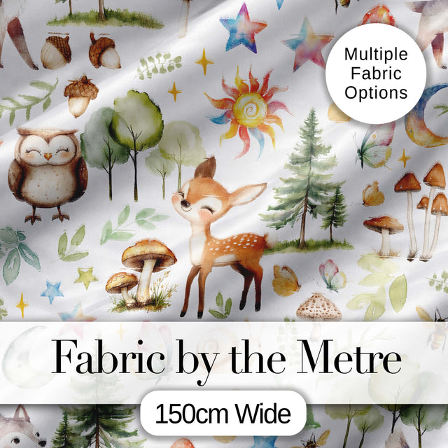 Woodland Deer Owl Mushrooms Stars on Light Grey  Seamless Pattern Digital Print Fabric by the Metre UK Sewing Quilting Textile