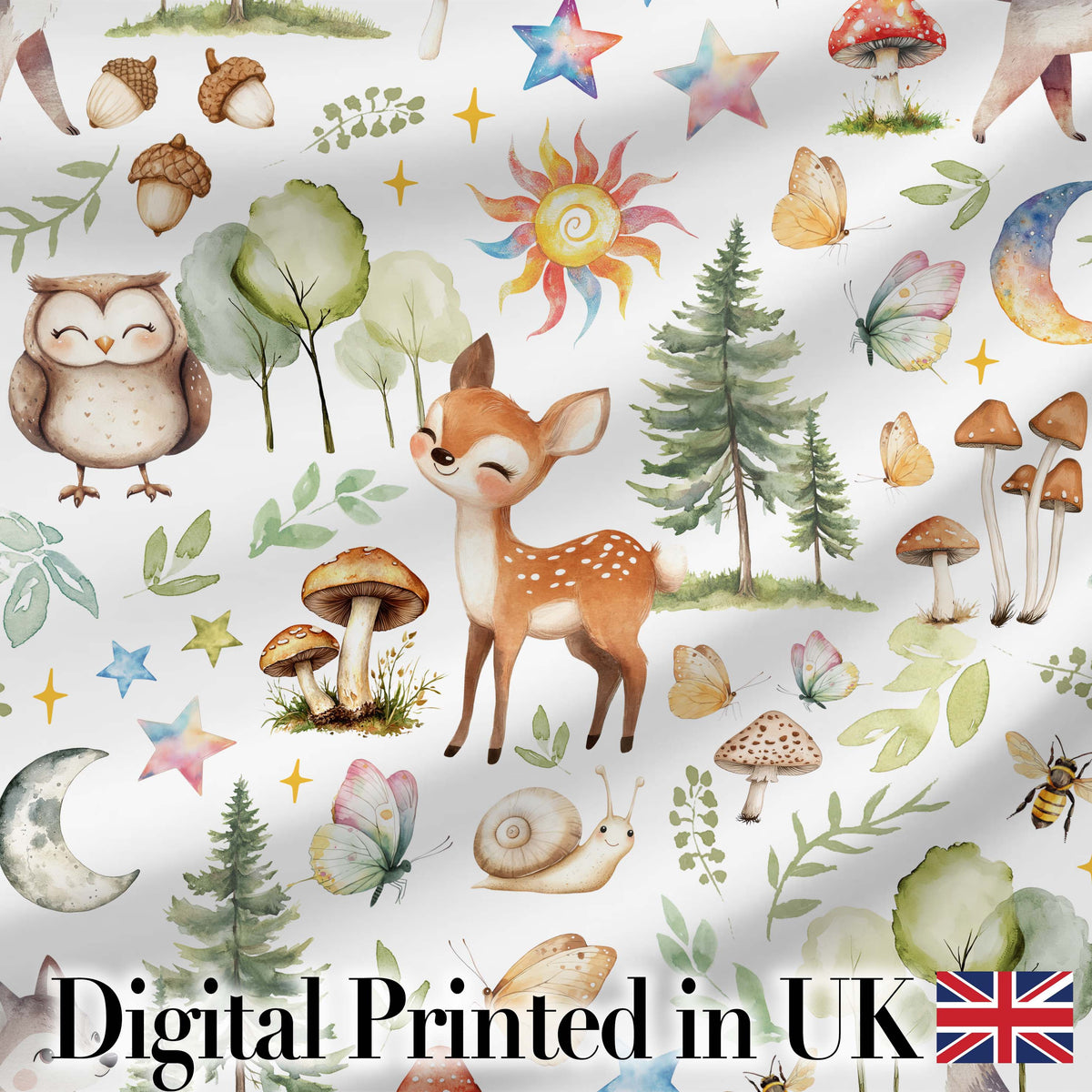 Woodland Deer Owl Mushrooms Stars on Light Grey  Seamless Pattern Digital Print Fabric by the Metre UK Sewing Quilting Textile