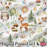 Woodland Deer Owl Mushrooms Stars on Light Grey  Seamless Pattern Digital Print Fabric by the Metre UK Sewing Quilting Textile