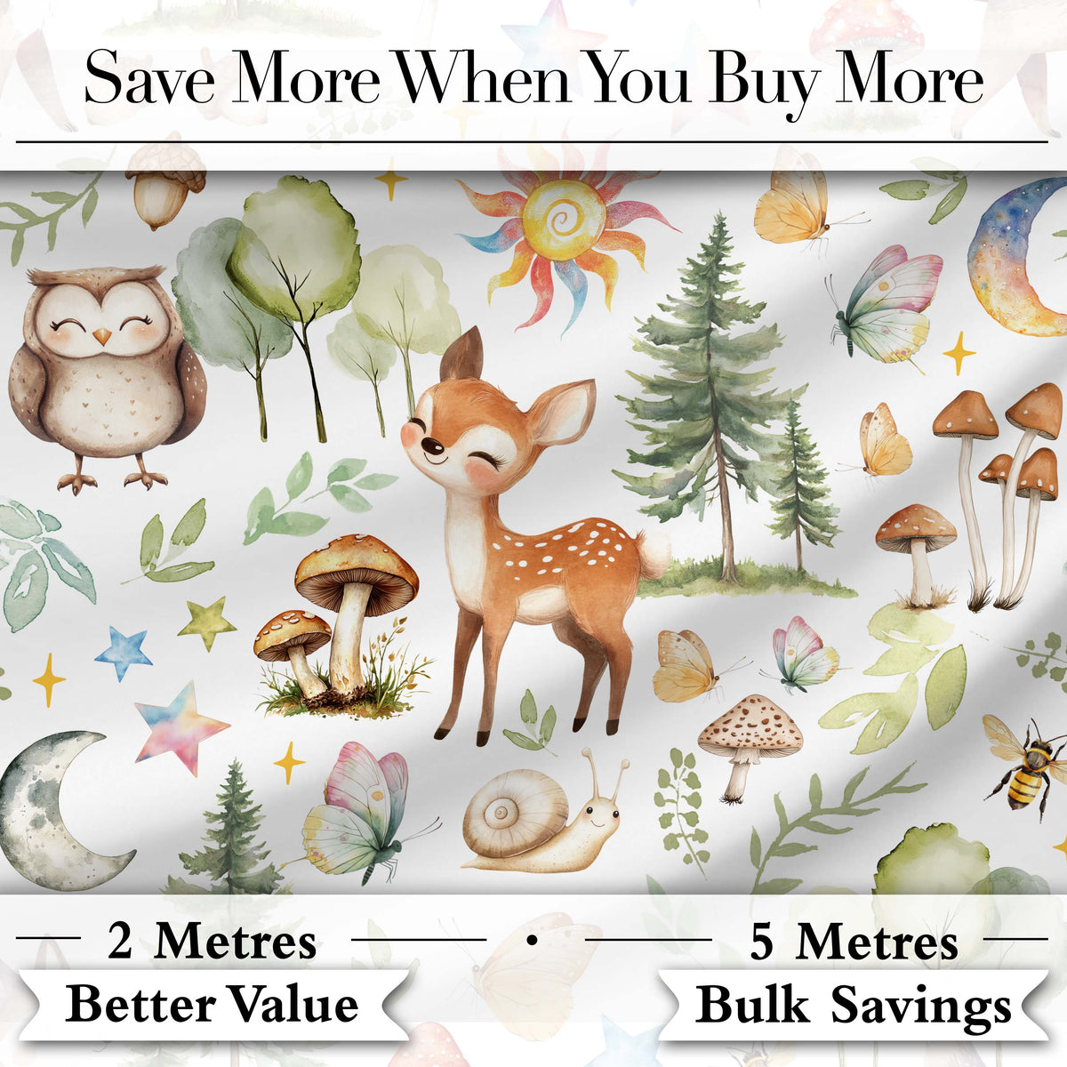 Woodland Deer Owl Mushrooms Stars on Light Grey  Seamless Pattern Digital Print Fabric by the Metre UK Sewing Quilting Textile