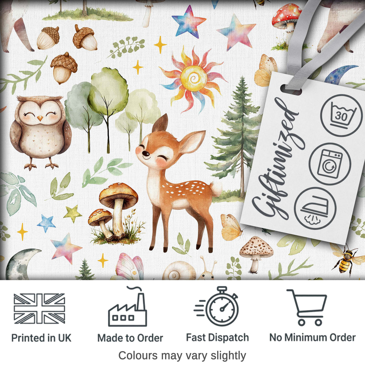Woodland Deer Owl Mushrooms Stars on Light Grey  Seamless Pattern Digital Print Fabric by the Metre UK Sewing Quilting Textile
