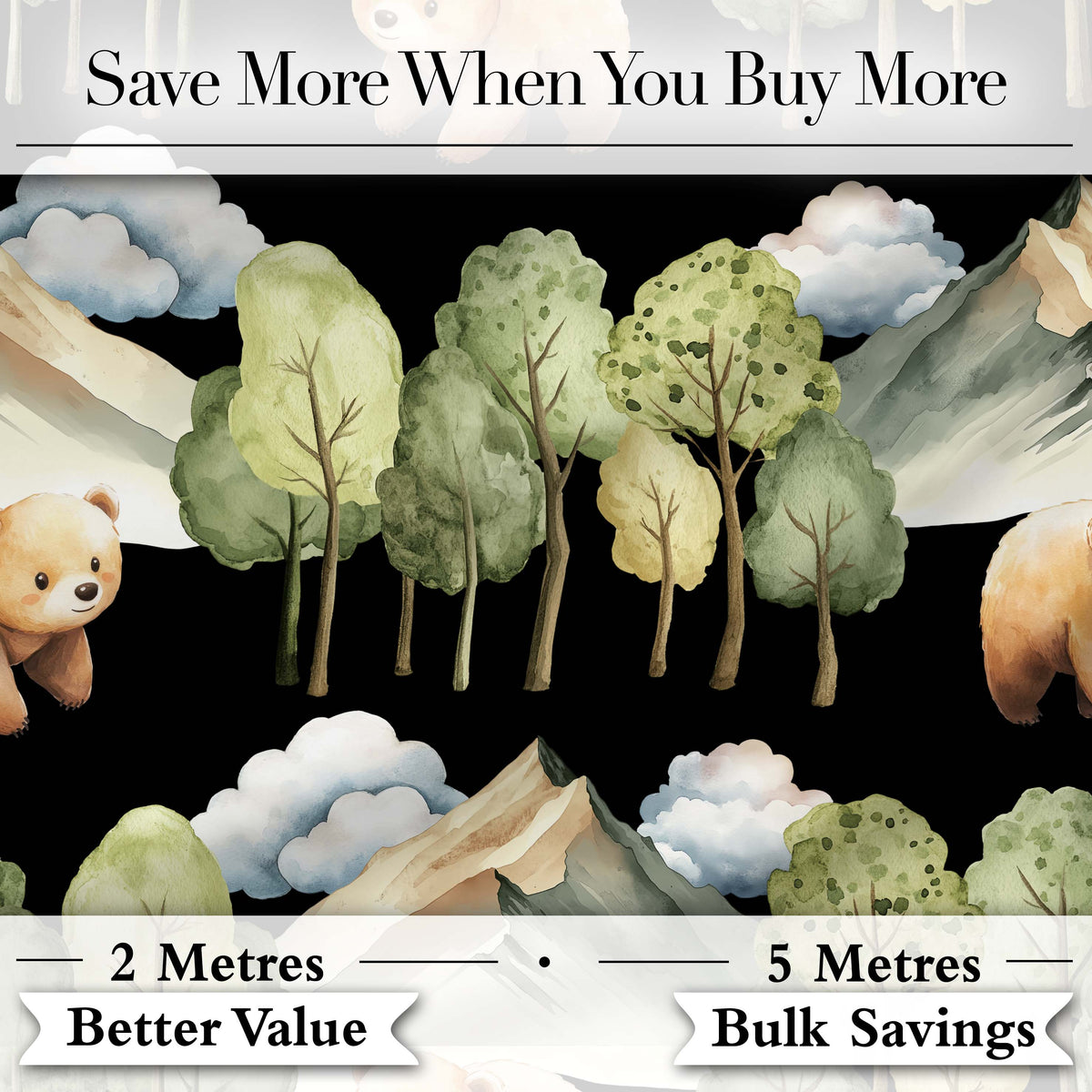 Cute Forest Bear Trees Mountains Clouds on Black Background Seamless Pattern Digital Print Fabric by the Metre UK Sewing Quilting Textile