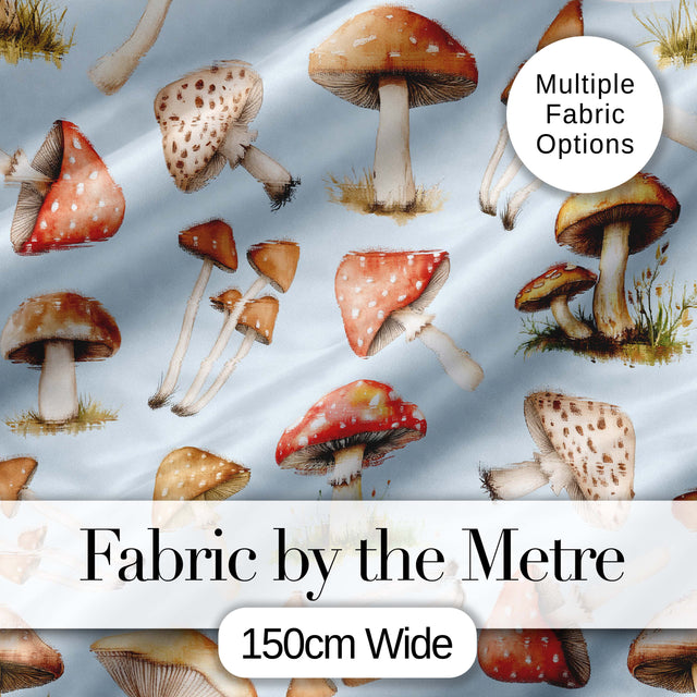 Watercolor Mushrooms Botanical Forest Elements on Soft Blue  Seamless Pattern Digital Print Fabric by the Metre UK Sewing Quilting Textile