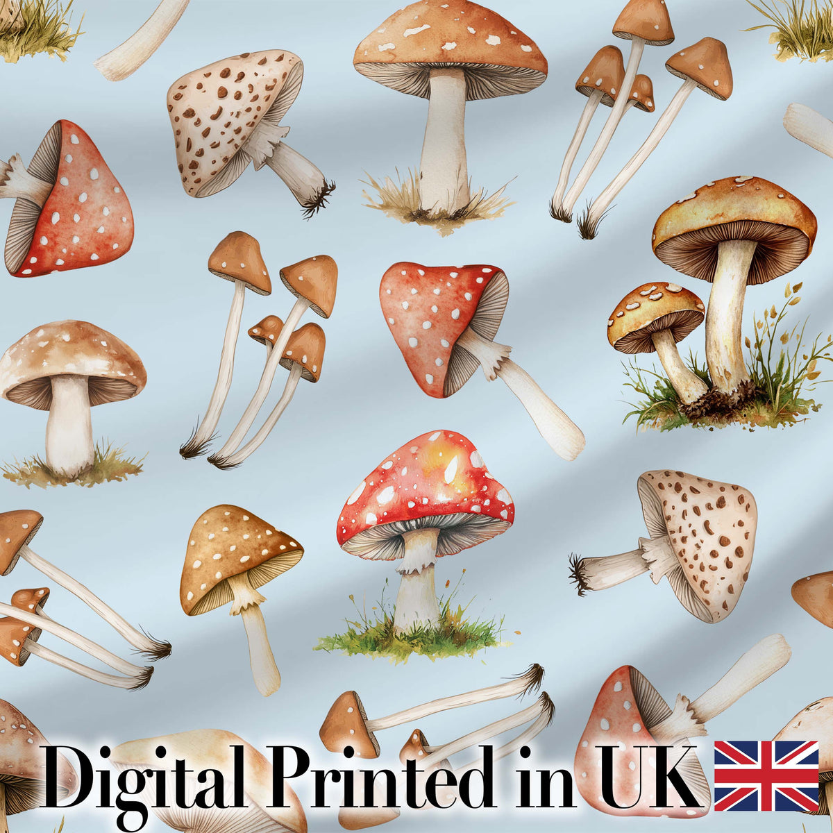 Watercolor Mushrooms Botanical Forest Elements on Soft Blue  Seamless Pattern Digital Print Fabric by the Metre UK Sewing Quilting Textile