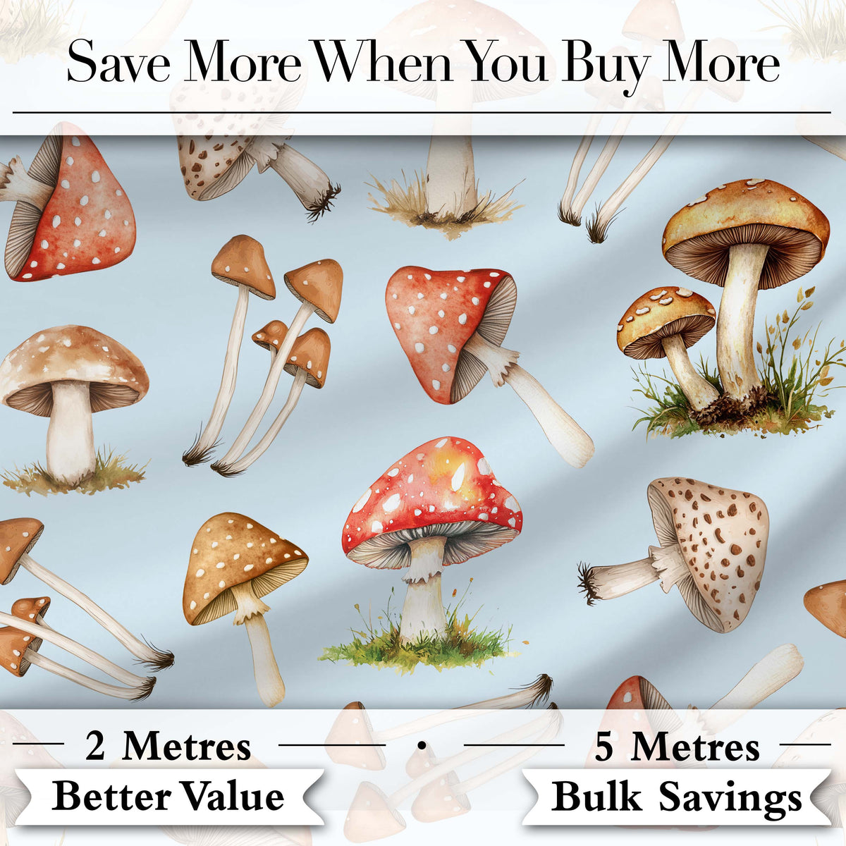 Watercolor Mushrooms Botanical Forest Elements on Soft Blue  Seamless Pattern Digital Print Fabric by the Metre UK Sewing Quilting Textile