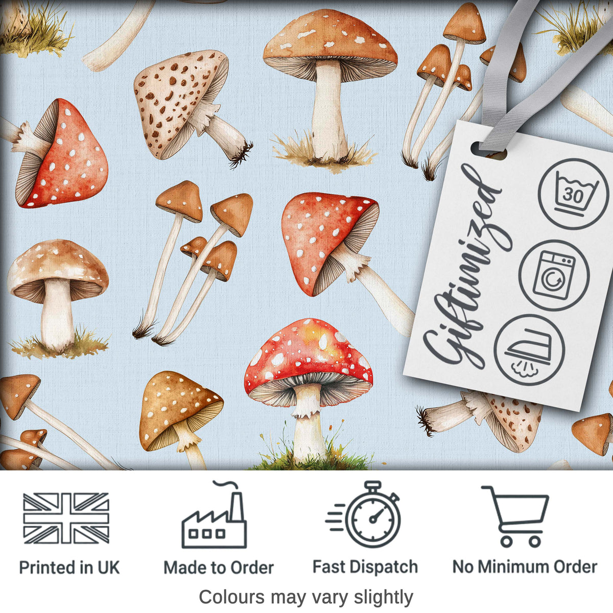Watercolor Mushrooms Botanical Forest Elements on Soft Blue  Seamless Pattern Digital Print Fabric by the Metre UK Sewing Quilting Textile