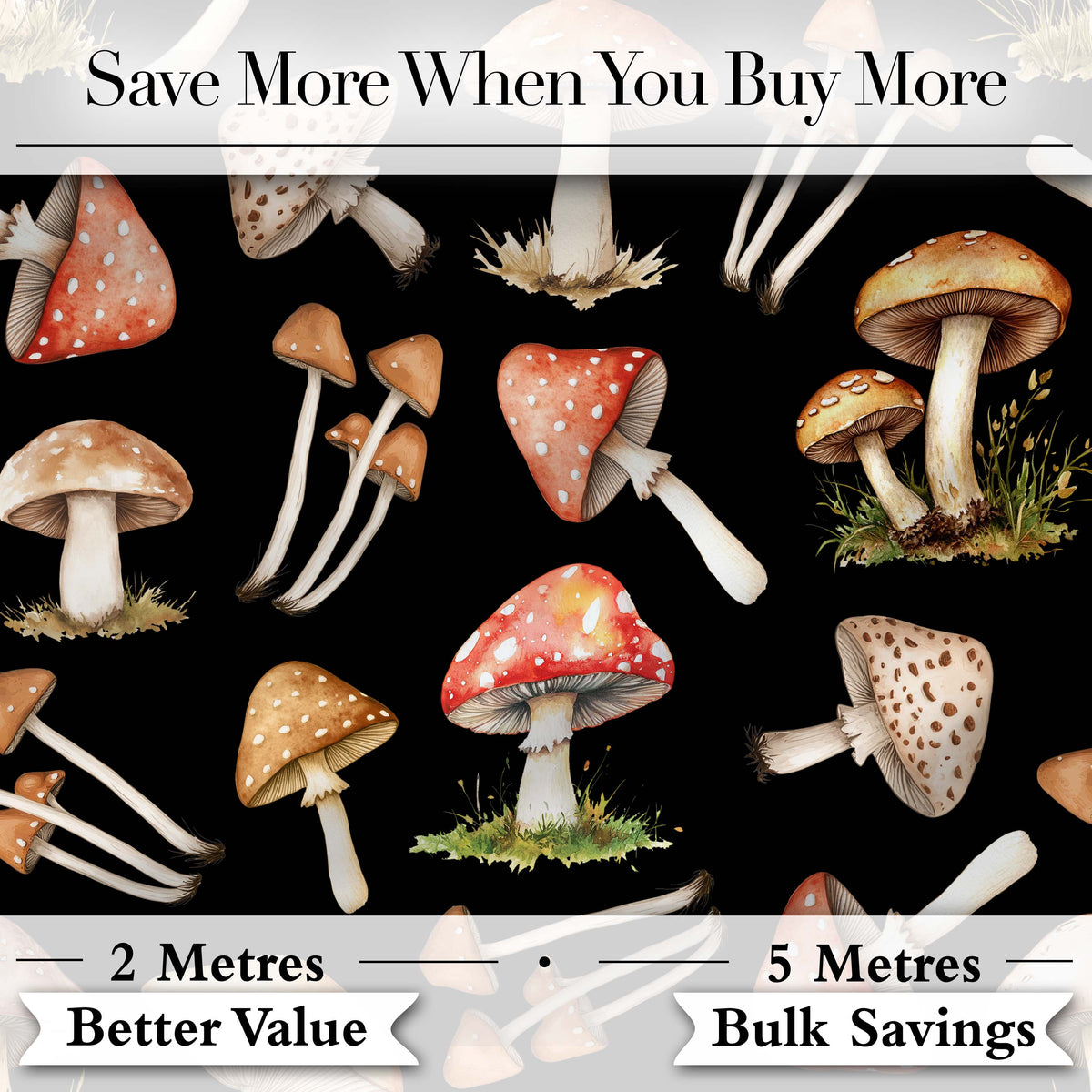 Watercolor Mushrooms Botanical Forest Elements on Black  Seamless Pattern Digital Print Fabric by the Metre UK Sewing Quilting Textile