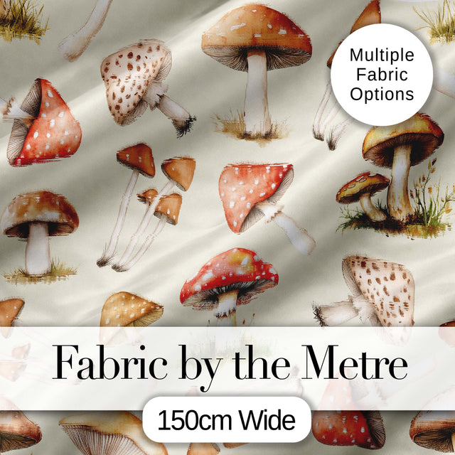 Watercolor Forest Mushrooms Botanical Elements on Soft Beige  Seamless Pattern Digital Print Fabric by the Metre UK Sewing Quilting Textile