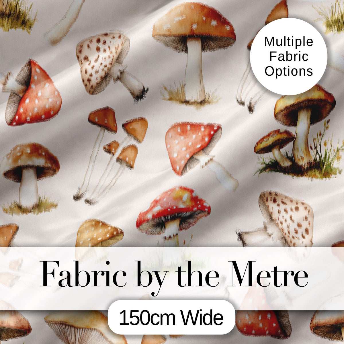 Forest Mushrooms Botanical Elements on Neutral Cream  Seamless Pattern Digital Print Fabric by the Metre UK Sewing Quilting Textile