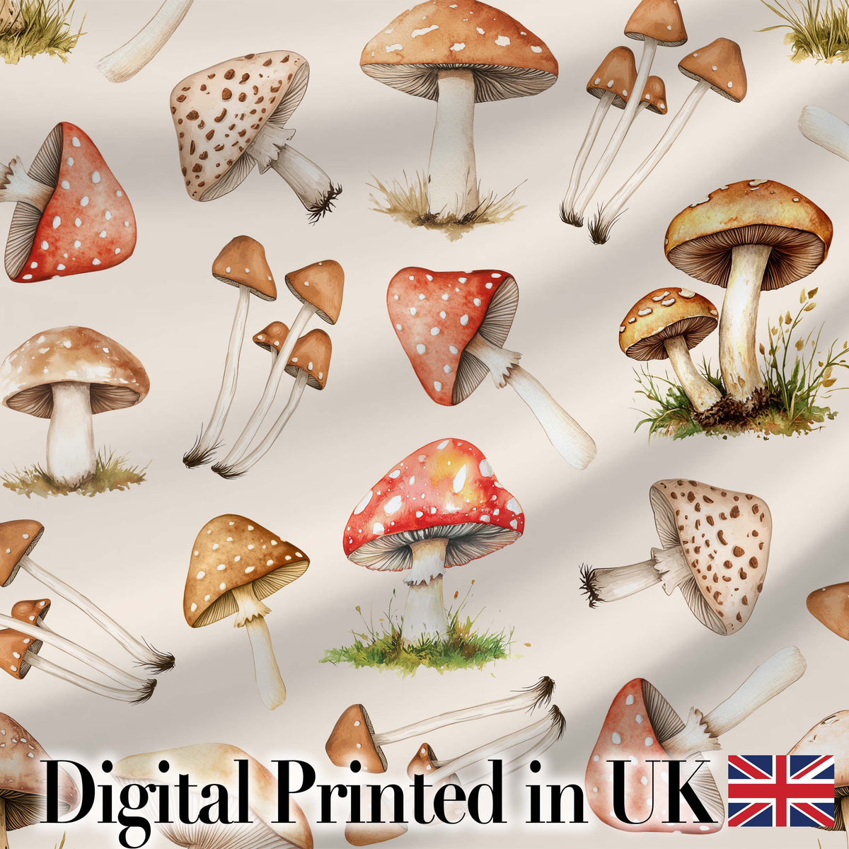 Forest Mushrooms Botanical Elements on Neutral Cream  Seamless Pattern Digital Print Fabric by the Metre UK Sewing Quilting Textile