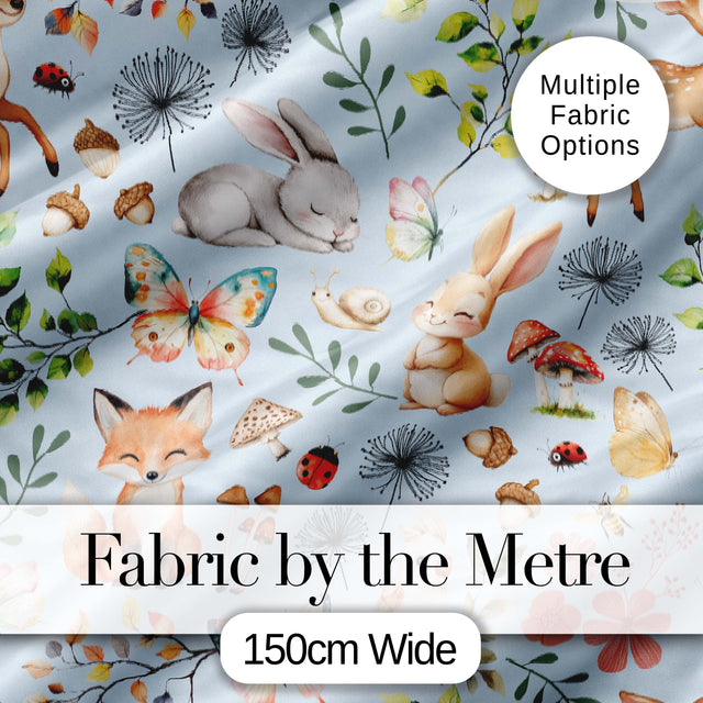 Woodland Animals Rabbit Fox Butterfly Leaves on Soft Blue  Seamless Pattern Digital Print Fabric by the Metre UK Sewing Quilting Textile