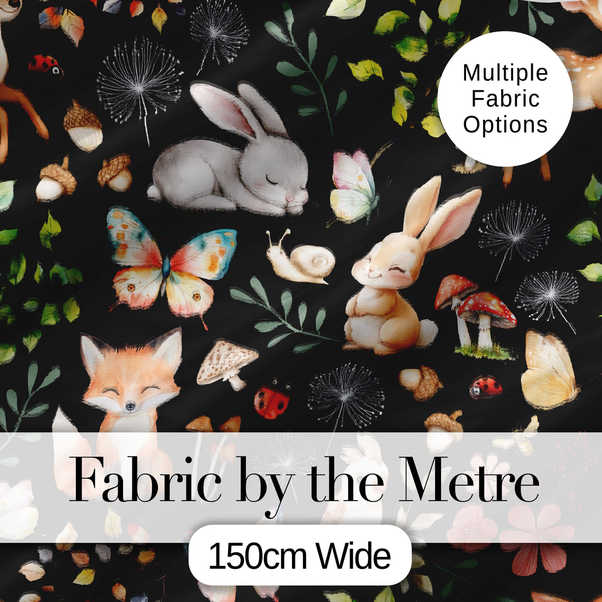 Woodland Animal Rabbit Fox Butterfly Floral Elements on Black Seamless Pattern Digital Print Fabric by the Metre UK Sewing Quilting Textile