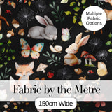 Woodland Animal Rabbit Fox Butterfly Floral Elements on Black Seamless Pattern Digital Print Fabric by the Metre UK Sewing Quilting Textile