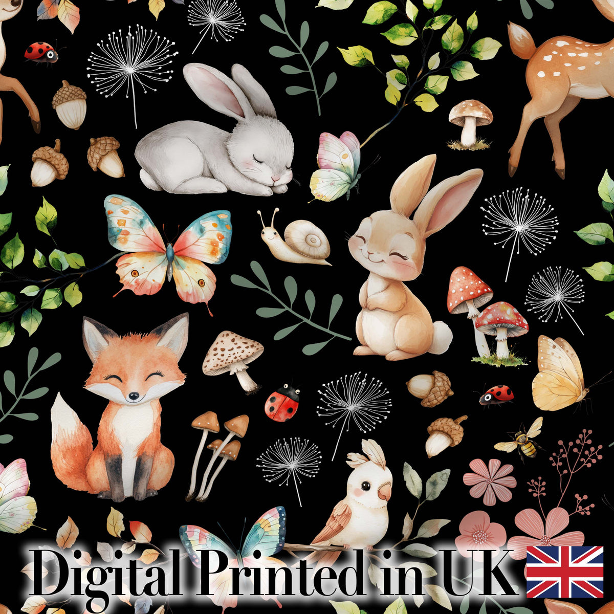 Woodland Animal Rabbit Fox Butterfly Floral Elements on Black Seamless Pattern Digital Print Fabric by the Metre UK Sewing Quilting Textile