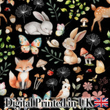 Woodland Animal Rabbit Fox Butterfly Floral Elements on Black Seamless Pattern Digital Print Fabric by the Metre UK Sewing Quilting Textile
