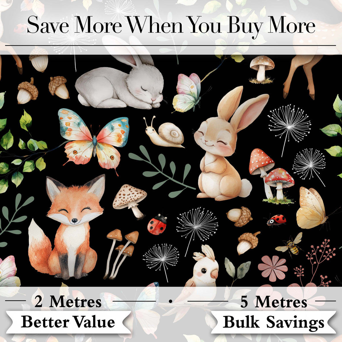 Woodland Animal Rabbit Fox Butterfly Floral Elements on Black Seamless Pattern Digital Print Fabric by the Metre UK Sewing Quilting Textile