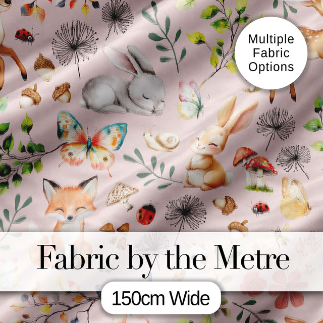 Animals Rabbit Fox Butterfly Floral Elements on Blush Pink  Seamless Pattern Digital Print Fabric by the Metre UK Sewing Quilting Textile