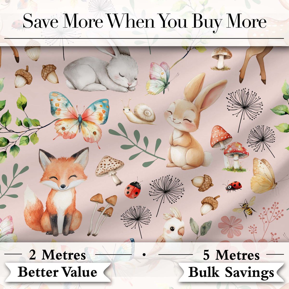 Animals Rabbit Fox Butterfly Floral Elements on Blush Pink  Seamless Pattern Digital Print Fabric by the Metre UK Sewing Quilting Textile