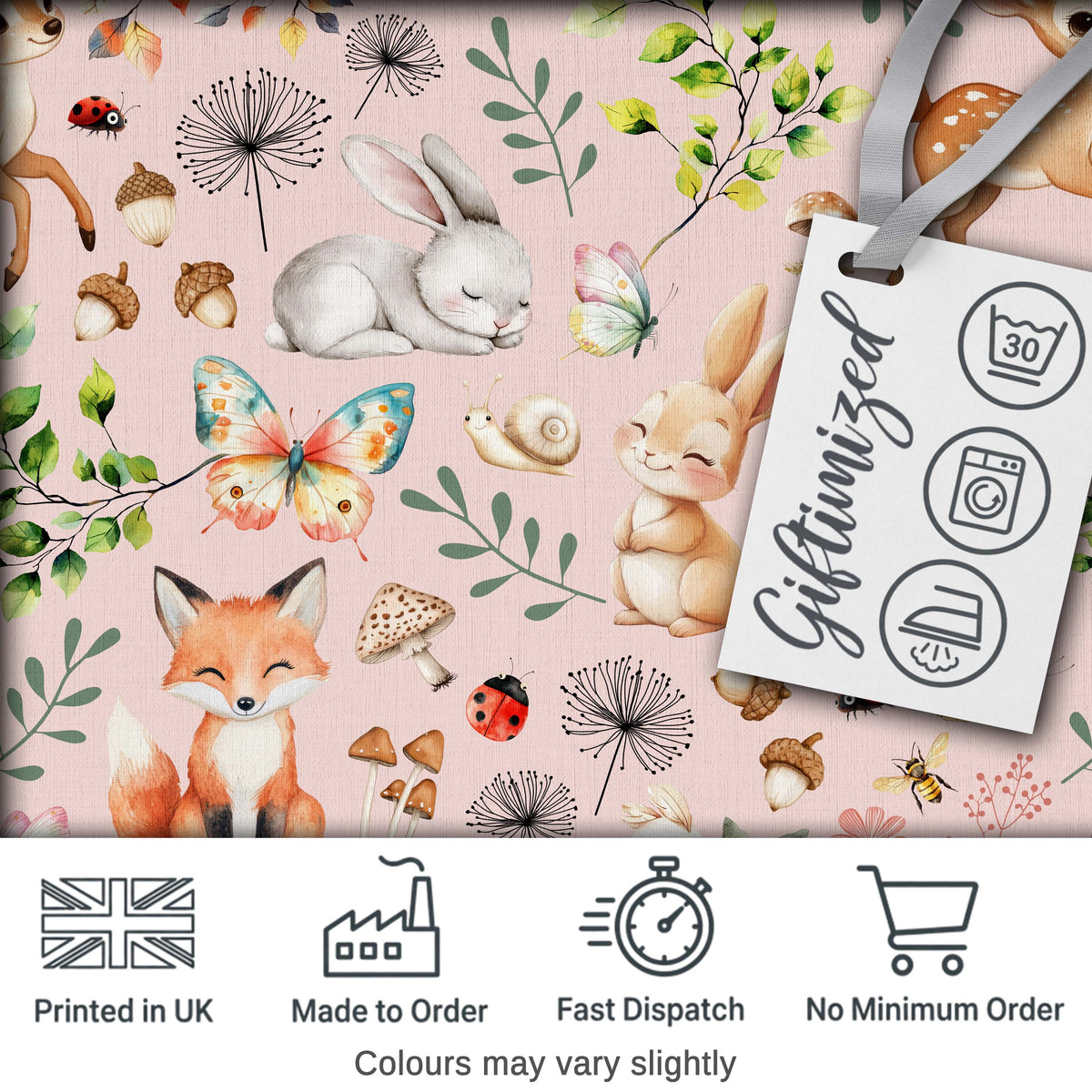 Animals Rabbit Fox Butterfly Floral Elements on Blush Pink  Seamless Pattern Digital Print Fabric by the Metre UK Sewing Quilting Textile