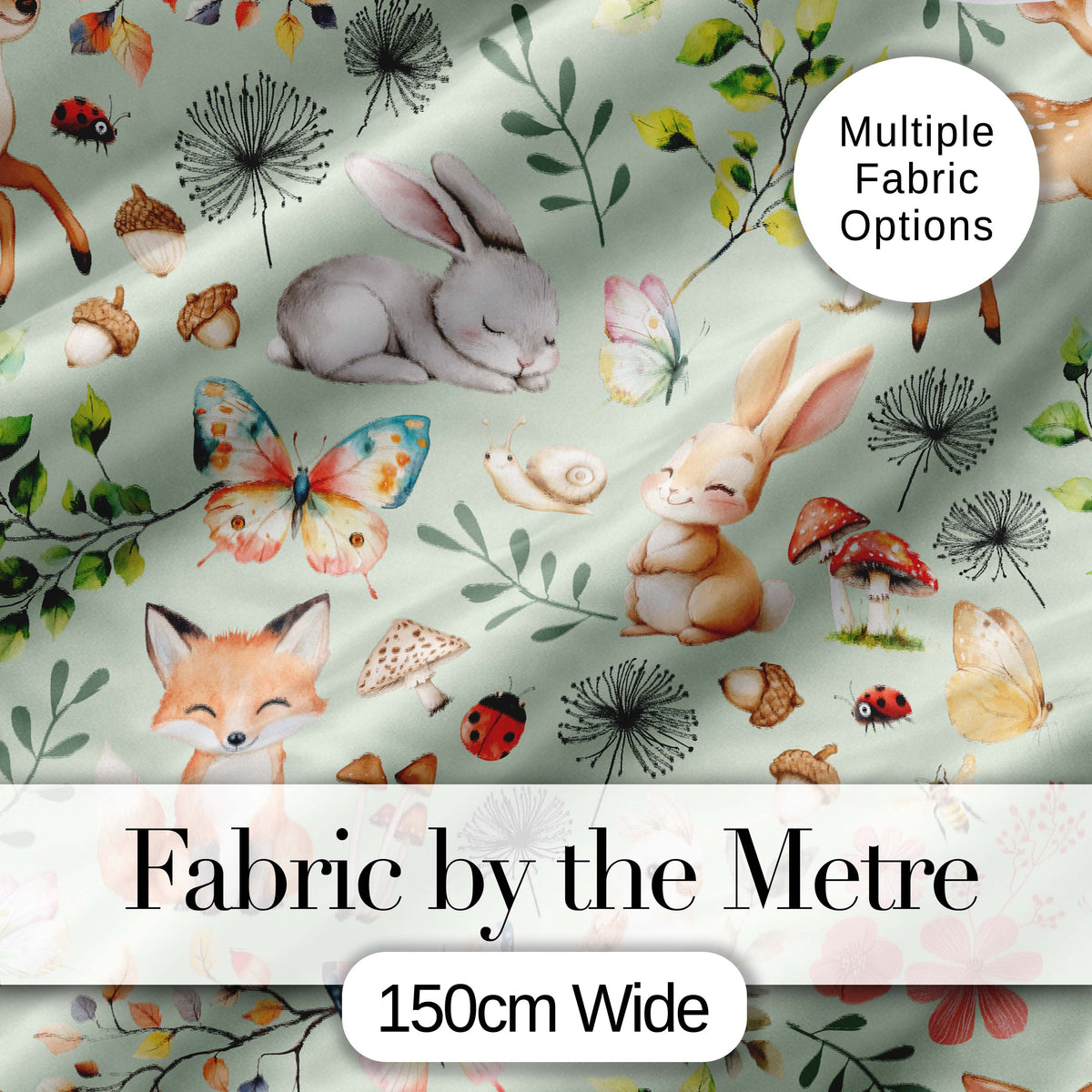 Animals Rabbit Fox Butterfly Floral Elements on Sage Green  Seamless Pattern Digital Print Fabric by the Metre UK Sewing Quilting Textile