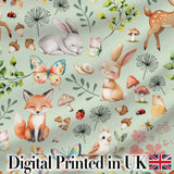 Animals Rabbit Fox Butterfly Floral Elements on Sage Green  Seamless Pattern Digital Print Fabric by the Metre UK Sewing Quilting Textile