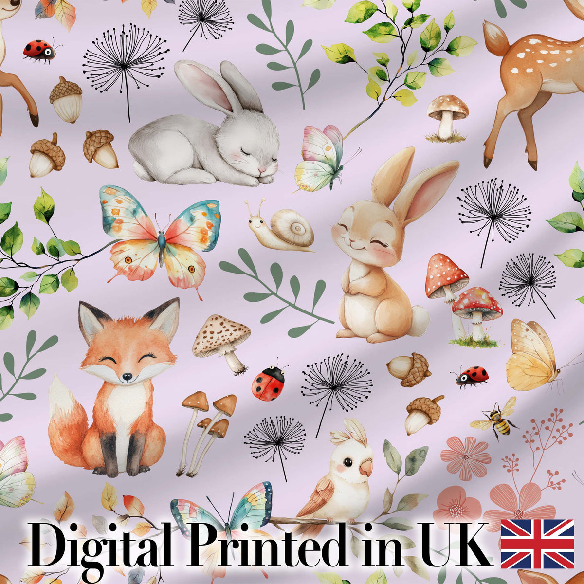 Animals Rabbit Butterfly Floral Elements on Neutral Cream  Seamless Pattern Digital Print Fabric by the Metre UK Sewing Quilting Textile