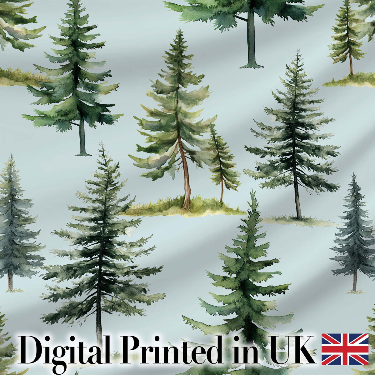 Pine Tree Forest Evergreen Woodland Nature on Soft Blue  Seamless Pattern Digital Print Fabric by the Metre UK Sewing Quilting Textile