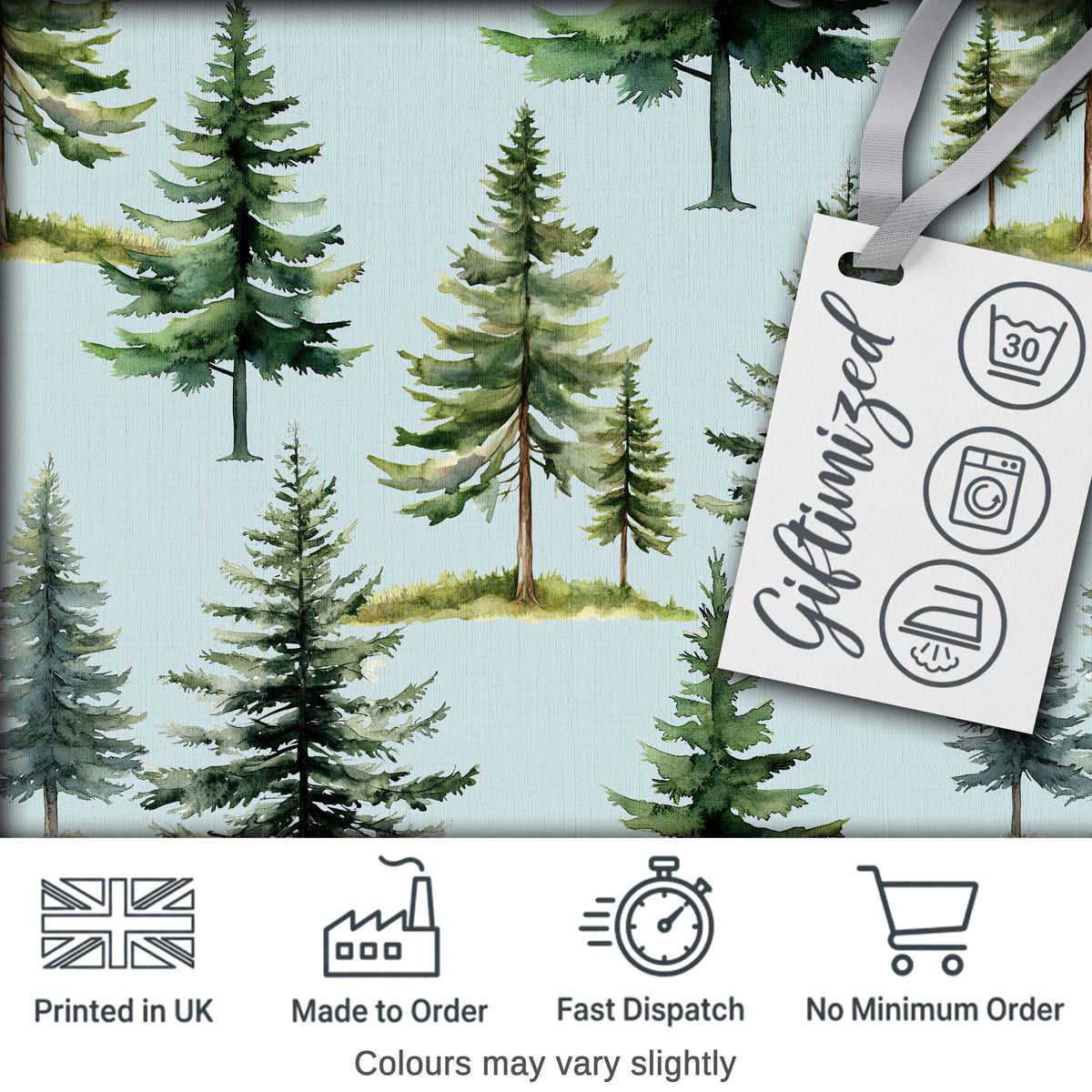 Pine Tree Forest Evergreen Woodland Nature on Soft Blue  Seamless Pattern Digital Print Fabric by the Metre UK Sewing Quilting Textile