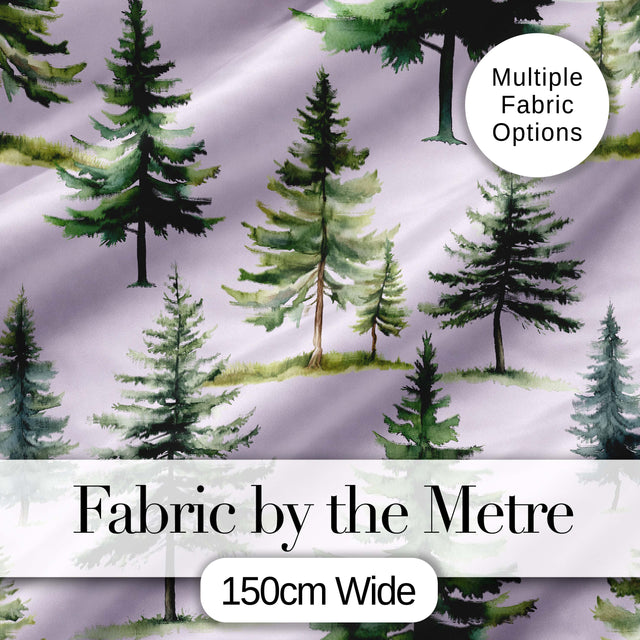 Pine Tree Forest Evergreen Woodland Nature on Soft Lilac  Seamless Pattern Digital Print Fabric by the Metre UK Sewing Quilting Textile