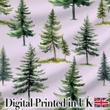 Pine Tree Forest Evergreen Woodland Nature on Soft Lilac  Seamless Pattern Digital Print Fabric by the Metre UK Sewing Quilting Textile