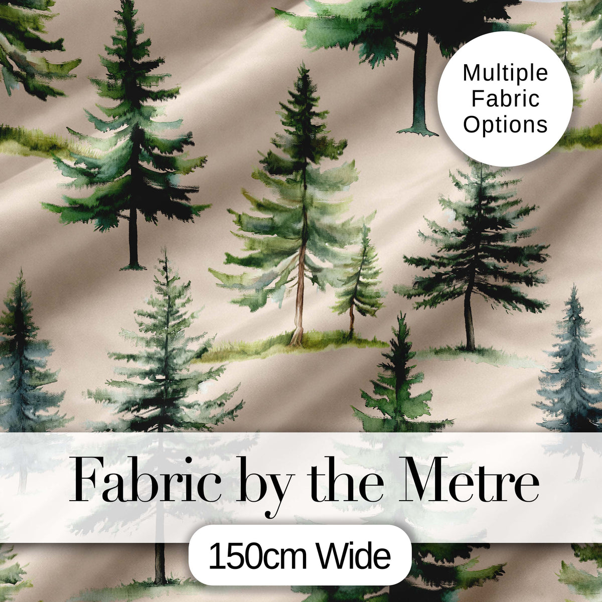 Watercolor Pine Tree Forest Woodland Nature Seamless Pattern Digital Print Fabric by the Metre UK Sewing Quilting Textile