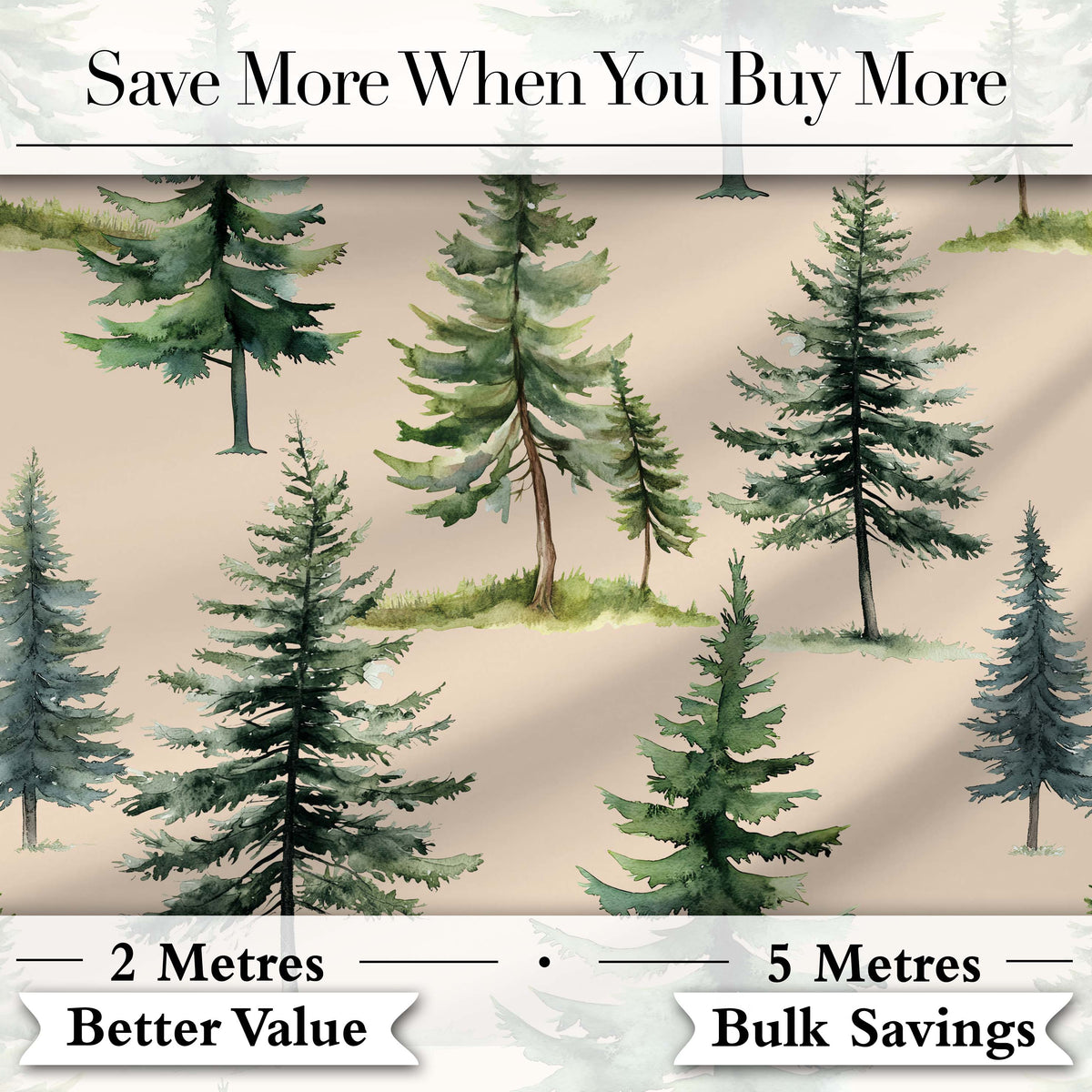 Watercolor Pine Tree Forest Woodland Nature Seamless Pattern Digital Print Fabric by the Metre UK Sewing Quilting Textile